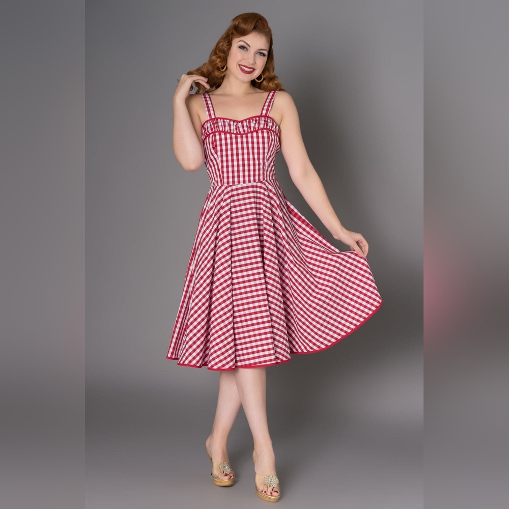 Unique Vintage "Timeless London" Red Gingham Angie Swing Dress